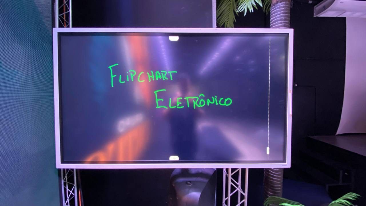 Flipchart eletrônico de 65 polegadas usado em apresentações interativas.